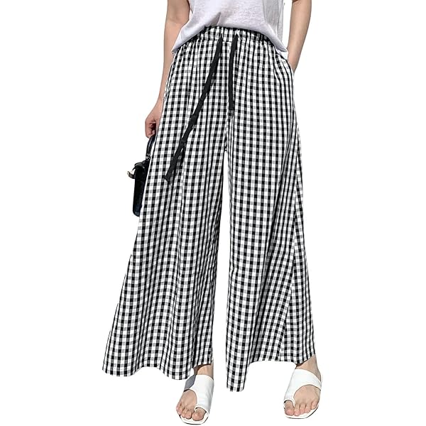 パンツ sheller big check tweed culottes codcm Womens Gingham Wide Leg Culottes Pants Elastic Waist
